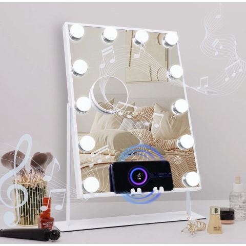 FENCHILIN Hollywood make-upspiegel - Uitgerust met intelligente Bluetooth/USB oplaadpoort - Drie Licht Instellingen - 360 graden Gratis Rotatie - 10x Vergroting Vanity Spiegel - Beste Gift - 30cm x 41cm Wit