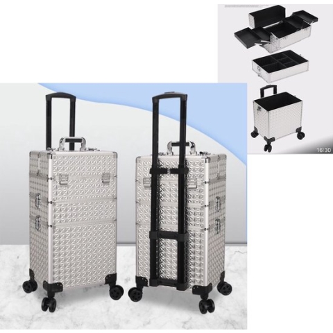 Kapper Koffer Zilver | Nagel | Visagist | Make-up | Cosmetica | Schminken | Trolley stevig en gemaakt van aluminium | 3 Delig | 8 Wielen | Bedekt met mooie diamantjes