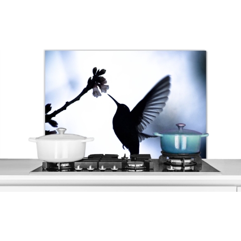 Spatscherm Keuken - Kookplaat Achterwand - Spatwand Fornuis - 90x60 cm - Vogel - Kolibrie - Silhouet - Aluminium - Wanddecoratie - Muurbeschermer - Hittebestendig
