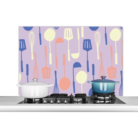 Spatscherm Keuken - Kookplaat Achterwand - Spatwand Fornuis - 100x65 cm - Patronen - Keukengerei - Spatel - Garde - Aluminium - Wanddecoratie - Muurbeschermer - Hittebestendig
