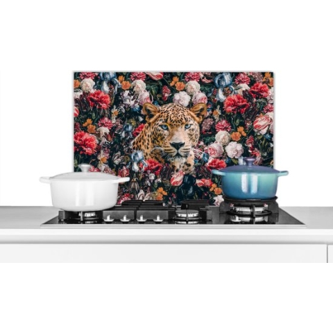 Spatscherm Keuken - Kookplaat Achterwand - Spatwand Fornuis - 70x50 cm - Luipaard - Bloemen - Dieren - Aluminium - Wanddecoratie - Muurbeschermer - Hittebestendig