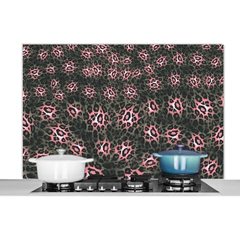 Spatscherm Keuken - Kookplaat Achterwand - Spatwand Fornuis - 120x80 cm - Luipaardprint - Roze - Grijs - Dieren - Aluminium - Wanddecoratie - Muurbeschermer - Hittebestendig