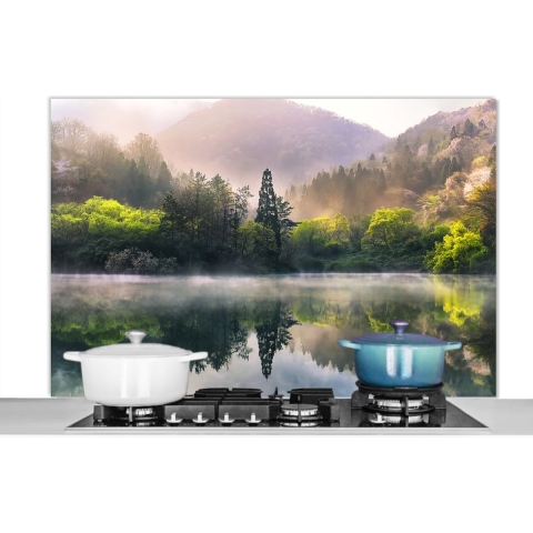 Spatscherm Keuken - Kookplaat Achterwand - Spatwand Fornuis - 120x80 cm - Natuur - Bomen - Bergen - Meer - Water - Aluminium - Wanddecoratie - Muurbeschermer - Hittebestendig