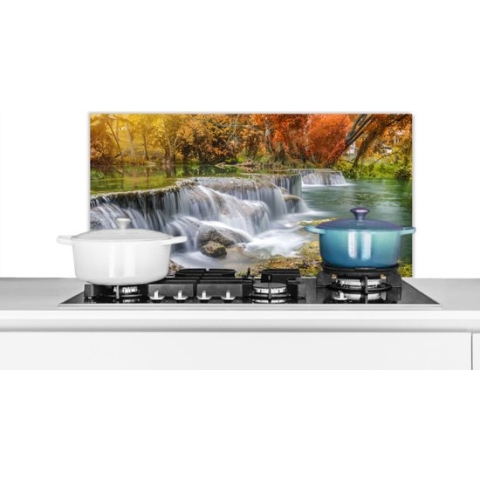Spatscherm Keuken - Kookplaat Achterwand - Spatwand Fornuis - 80x40 cm - Herfst - Waterval - Natuur - Bomen - Aluminium - Wanddecoratie - Muurbeschermer - Hittebestendig