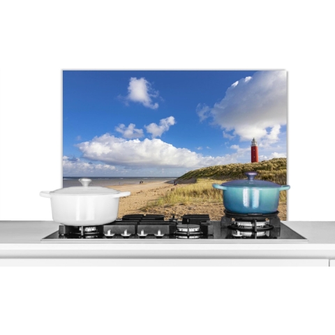 Spatscherm Keuken - Kookplaat Achterwand - Spatwand Fornuis - 90x60 cm - Strand - Natuur - Vuurtoren - Aluminium - Wanddecoratie - Muurbeschermer - Hittebestendig