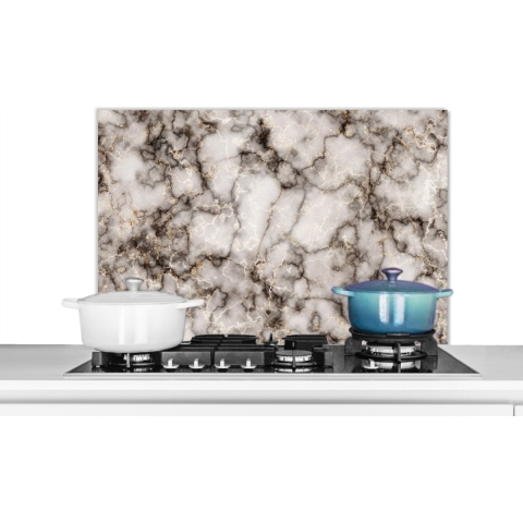 Spatscherm Keuken - Kookplaat Achterwand - Spatwand Fornuis - 90x60 cm - Marmer - Zwart - Gouden - Aluminium - Wanddecoratie - Muurbeschermer - Hittebestendig