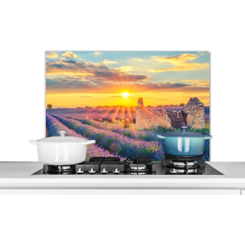 Spatscherm - Spatwand - Lavendel - Zonsondergang - Bloemen - Wolken - Keuken decoratie - 90x60 cm - Achterwand keuken - Muurbeschermer - Spatscherm lavendel