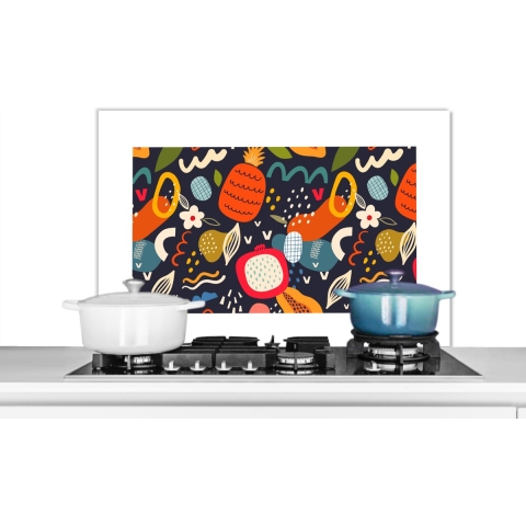 Spatscherm Keuken - Kookplaat Achterwand - Spatwand Fornuis - 80x55 cm - Ananas - Fruit - Drakenfruit - Tropisch - Eten - Aluminium - Wanddecoratie - Muurbeschermer - Hittebestendig