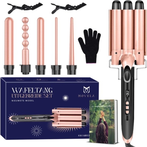 Movela® Krultang 6 in 1 - Golvenkrultang - Wafeltang - 6 opzetstukken - Keramische Krultang 6 in 1 - 9 tot 32 mm - Waves Krultang - Waver