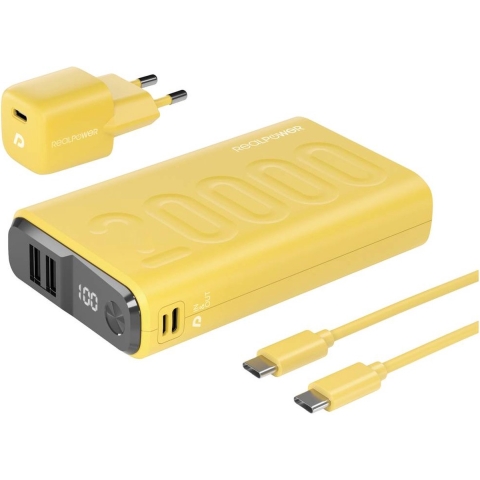 RealPower PB-20000 PD+ Powerpack - compacte 20.000 mAh powerbank - 1 x USB-C PD fast charge 2 x USB-A - nano USB-C PD 20W wandlader - USB-C naar USB-C kabel - Geel