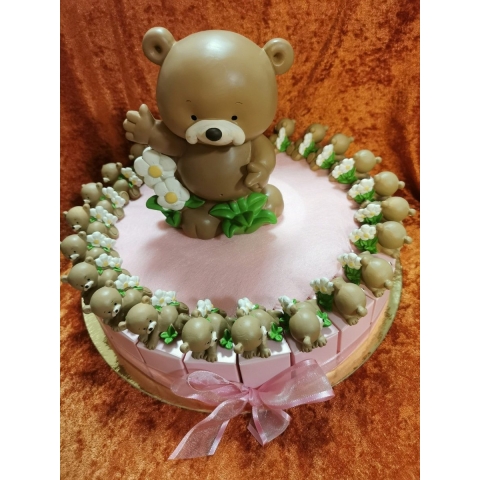 traktatie taart 24 doosjes roze met beertjes en spaarpot voor geboortefeest of babyshower