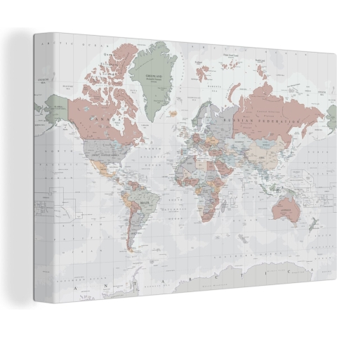 Canvas Wereldkaart - 180x120 - Wanddecoratie Wereldkaart - Vintage - Pastel - Aarde - Grijs - Educatief