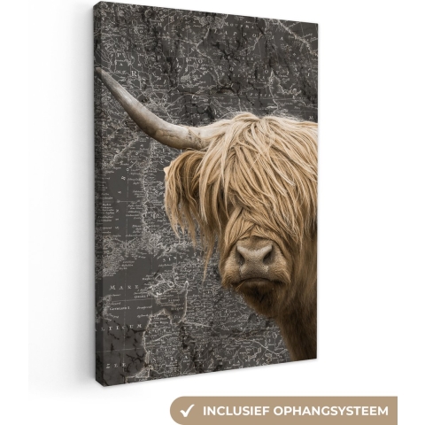 Wanddecoratie - Schotse hooglander - Koeien - Wereldkaart - Canvas Schilderij - 120x180 cm