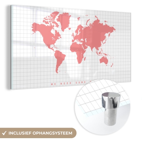 MuchoWow® Glasschilderij - Wereldkaart - Roze - Modern - 80x40 cm - Acrylglas Schilderijen - Foto op Glas