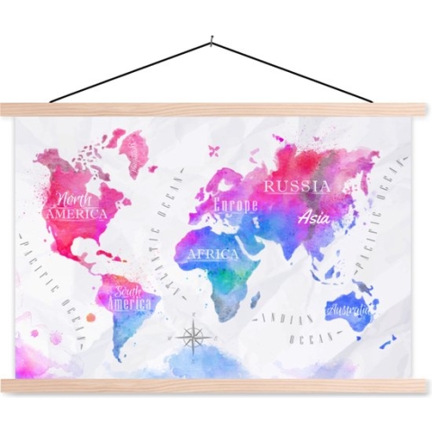 Posterhanger incl. Poster - Schoolplaat - Kleuren - Wereldkaart - Olieverf - 150x100 cm - Blanke latten