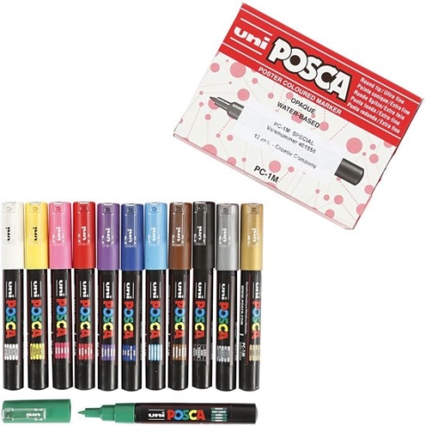 Uni Posca Marker lijndikte: 0 7 mm PC-1M diverse kleuren extra-fijn 12stuks
