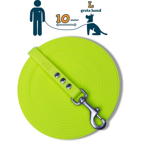Miqdi lange lijn - BioThane®– neon geel - 10 meter lang – 19mm breed – L/XL – grote hond – sleeplijn - géén handvat