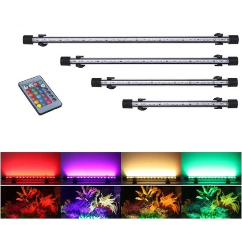Aquarium led verlichting RGB. Lengte 48 cm met 27 RGB led's. Via de afstands bediening kunt u de kleuren instellen. Dimmen van de rgb aquarium verlichting is ook mogelijk. Aquarium verlichting RGB die in het water kan. Onderwater ledlamp van 48 cm.