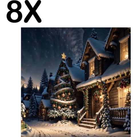 BWK Textiele Placemat - Kerst Sfeer in het Dorp - Set van 8 Placemats - 40x40 cm - Polyester Stof - Afneembaar