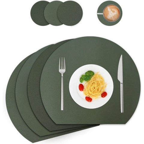 Placemats en onderzetters van leer, afwasbaar, rond, placemats, set van 4, halve cirkel, groen