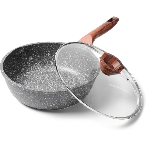 24 cm Diepe Pan met Deksel, Hoge Rand Pan, Anti-aanbak Koekenpan met Deksel, Geschikt voor alle Kookplaten inclusief Inductie.
