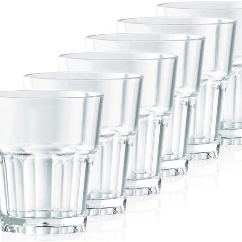6 onbreekbare glazen, bekers, duurzame waterglazen van stevig kunststof, sap, water, whisky, glas, partybeker, whiskybeker, drinkbekers, set in echte glaslook, stapelbaar, BPA-vrij