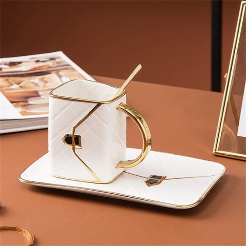 Kopjes Schoteltjes Set Cappuccinokopjes Handtas Styling Koffiekopjes Porseleinen kop Keramische theekop met lepel, 310 ml (wit)