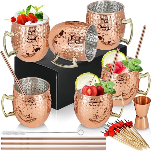[Cadeauset] Moscow Mule Bekers Koper 19 oz Set van 6 Koperen Bekers van Roestvrij Staal Met Koperen Plating Handgemaakte Koperen Bekers met Handvat voor Gekoelde Cocktails en Koude Drankjes.