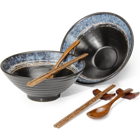 Ramen kom KERAMIK, 2 x 1500 ml Japanse serviesset, antislip soepschaal met lepel en eetstokjes, voor pho, pasta, muesli en salade, ambachtelijk ambachtelijk