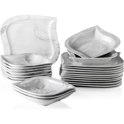 Happyment Serviesset Deluxe - 12 Persoons - Porselein - 24 Delig - Bordenset 12 persoons - Bordenset 24 delig - Marmer
