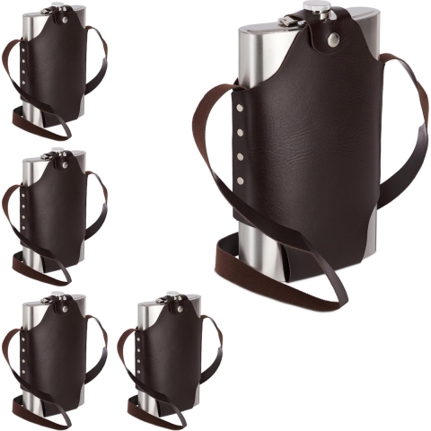 Relaxdays 5x platvink edelstaal XXL - heupfles 1,8 liter - zakflacon - draagriem - rvs