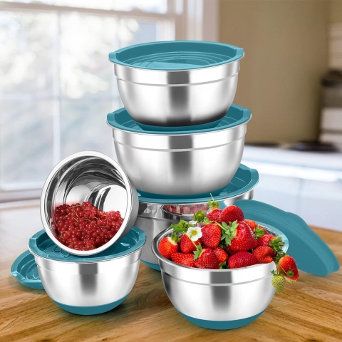Mengkom met luchtdicht deksel, 6-delige roestvrijstalen slakom - 4,6 l/2,8 l/2,5 l/1,6 l/1,5 l/0,7 l, kom voor mengen en serveren, stapelbaar & vaatwasmachinebestendig (blauw)