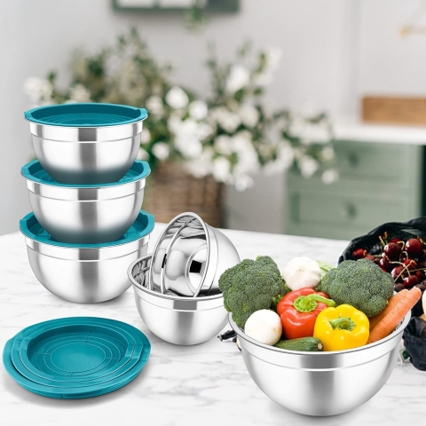 Set van 6 roestvrijstalen mengkomen, slakommen met luchtdicht deksel, ideaal voor het mengen en serveren, stapelbaar en vaatwasmachinebestendig, 4,5 l/2,7 l/2,5 l/1,5 l/1,2 l/0,7 l, blauw