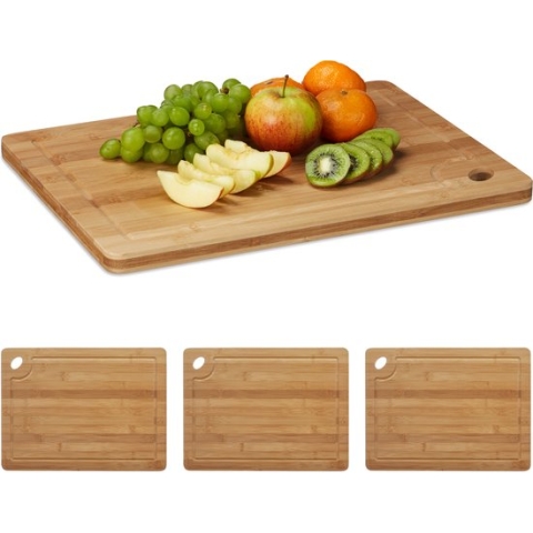 Relaxdays 4x Snijplank bamboe - broodplank - houten serveerplank - vleesplank duimgaatje