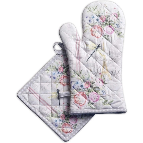 e Ovenhandschoen + pannenlap van 100% katoen, keukenovenhandschoen (19 cm x 33 cm) & pannenlappen (20 cm x 20 cm) voor moederdaggeschenken, koks, dames, Champ De Mars – lente/zomer