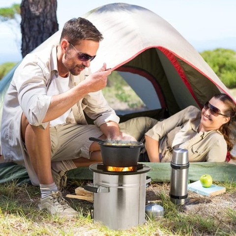 Rocket Stove Draagbare raketpan Ø 26 x 25 cm met draagtas en brandhoutstandaard en houtskoolgrill - voor Dutch oven, pan - ideaal voor kamperen en outdoor koken