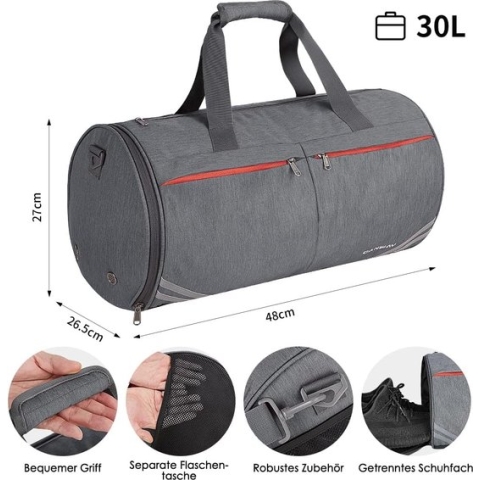 Sporttas, lichtgewicht, gymtas, 30 liter, fitnesstas, waterdichte reistas met schoenenvak en vak voor nat gebruik, voor vrouwen en kinderen, grijs Merk: CANWAY