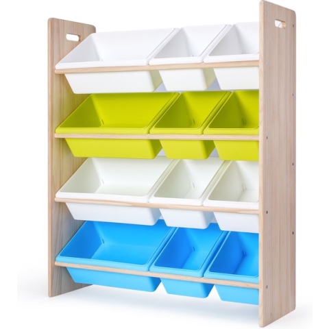 Massief Houten Speelgoedkast - Opbergkist Kinderen - Naturel G&B - W85,5 x D30 x H103 cm met 12 Opslagbakken - Speelgoedrek - Speelgoedkast - Speelgoedbox - Kinderboekenkast - Kinderkast - Opbergkast voor Kinderen - Montessori Speelgoedplank Ongecoat