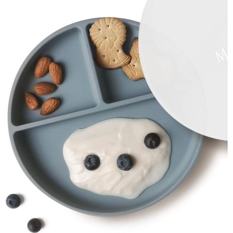 Siliconen kinderbord, babybord met zuignap, BPA-vrij, antislip, gedeelde babyborden van siliconen met deksel, magnetron- en vaatwasmachinebestendig (Ether)