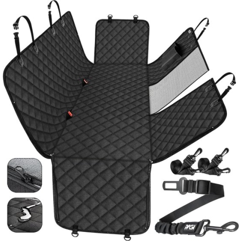 Hondendeken voor de achterbank, hondenmat met zijbescherming en ritssluitingen, waterdicht en krasbestendig hondenautostoeltje, achterbankhoezen voor auto, SUV, hondenautodeken, 145 x 138 cm, zwart