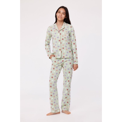 Woody Studio doorknoop pyjama meisjes/dames - muntgroen - smiley all-over print - 232-12-YPD-Z/955 - maat 116