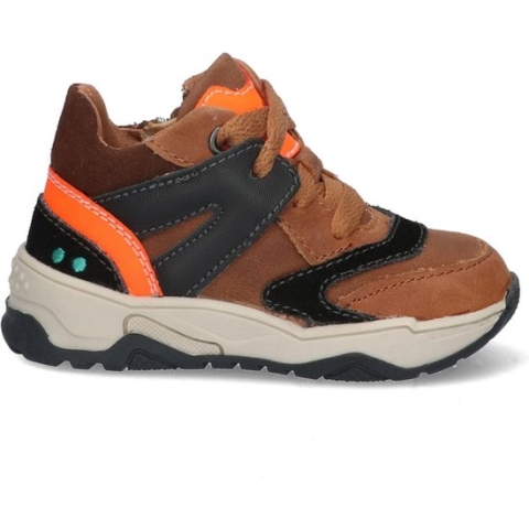 Bunnies JR 223844-513 Jongens Hoge Sneakers - Bruin/Zwart/Oranje - Leer - Veters
