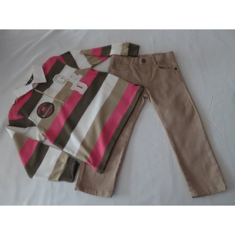 Ensemble - Lange broek + Polo - Jongens - Beige , ecru , bruin , roze - 2 jaar 92