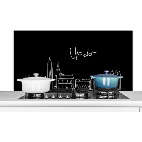 Spatscherm Keuken - Kookplaat Achterwand - Spatwand Fornuis - 120x60 cm - Line art - Utrecht - Skyline - Zwart wit - Aluminium - Wanddecoratie - Muurbeschermer - Hittebestendig