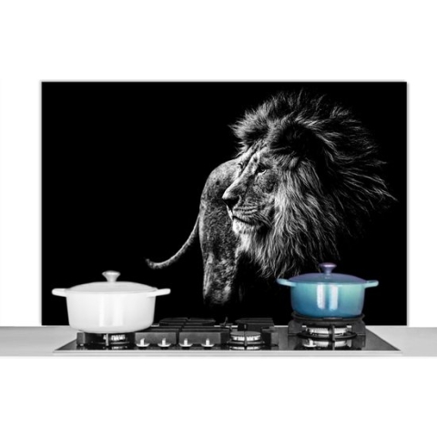 Spatscherm Keuken - Kookplaat Achterwand - Spatwand Fornuis - 120x80 cm - Dieren - Wild - Leeuw - Zwart - Wit - Aluminium - Wanddecoratie - Muurbeschermer - Hittebestendig