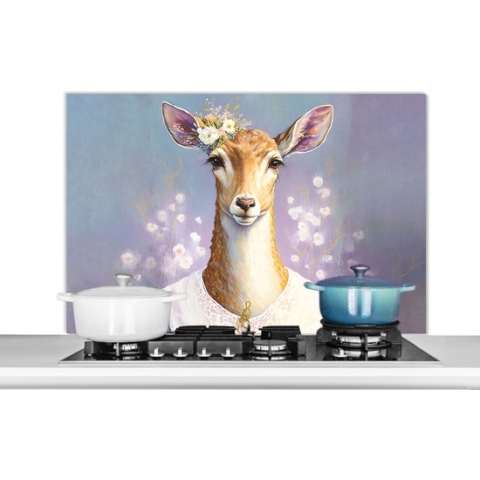 Spatscherm Keuken - Kookplaat Achterwand - Spatwand Fornuis - 100x65 cm - Hert - Bloemen - Verf - Portret - Dieren - Aluminium - Wanddecoratie - Muurbeschermer - Hittebestendig