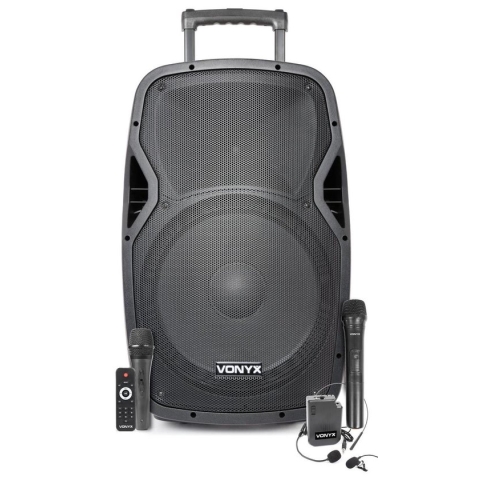 Mobiele party speaker - Vonyx AP1500PA - 800 Watt - partybox met 2 microfoons - 1 headset microfoon - op accu