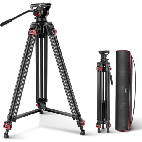 553 Neewer® 74 inch Professioneel Videostatief met Vloeistofkop, Robuust Aluminium Statief met 360° Draaibare en 160° Kantelbare Kop, QR-plaat Compatibel met Manfrotto 501, Diameter 75mm Schotelbasis voor DSLR Camera