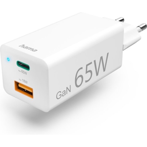 Hama Snellader, GaN, 1x USB-C PD, 1x USB-A QC, mini-oplader, 65 W, wit