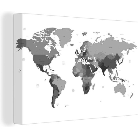 Canvas Wereldkaart - 180x120 - Wanddecoratie Gemarkeerde landen op een wereldkaart - zwart wit